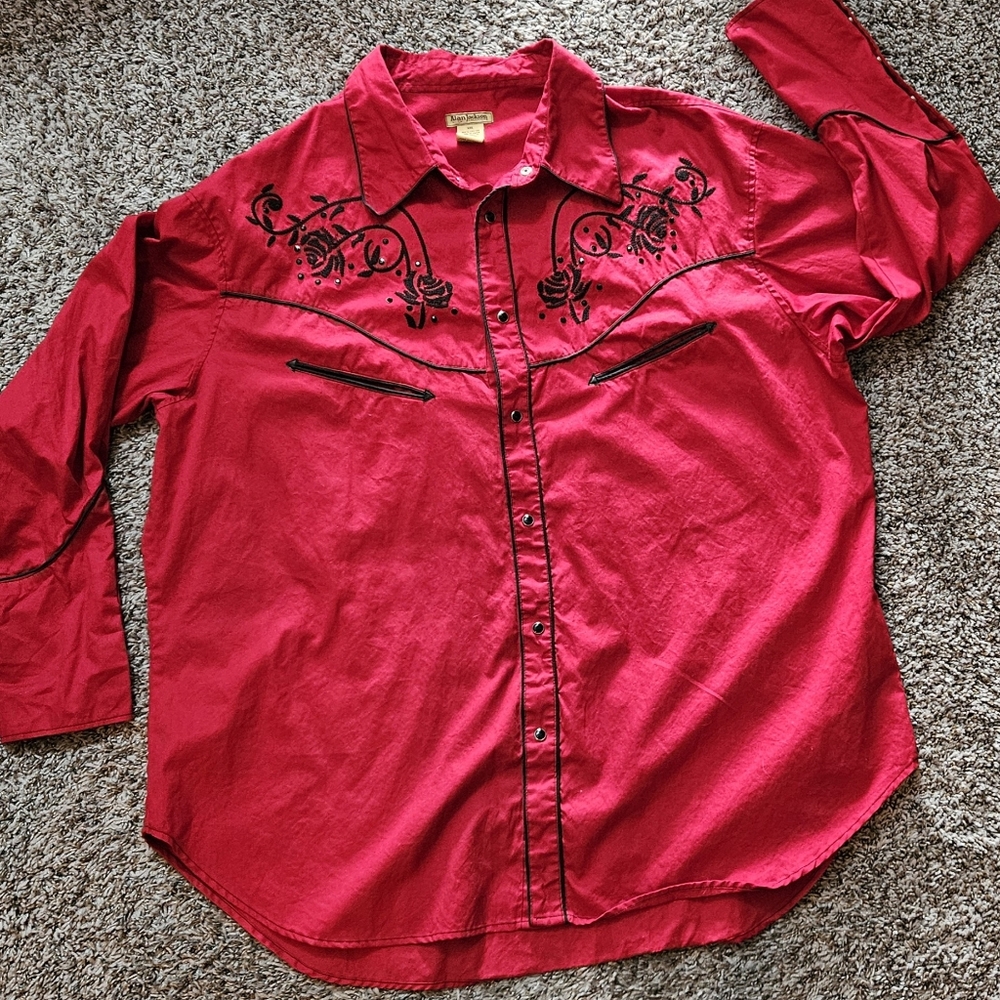 Vintage Red Alan Jackson Embroidered Pearl Snap Western Shirt